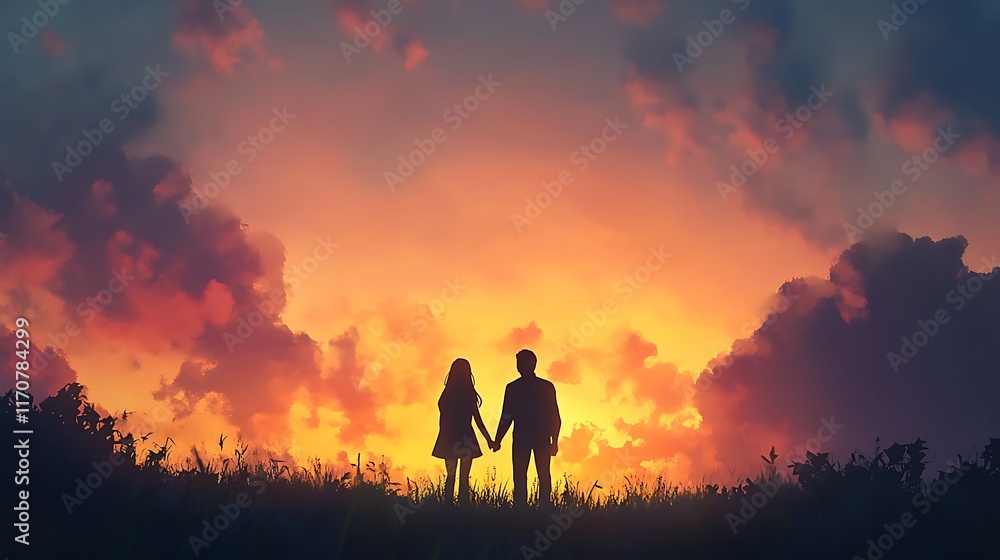anime couple watching sunrise together holding hands anime couple watching sunrise together holding hands