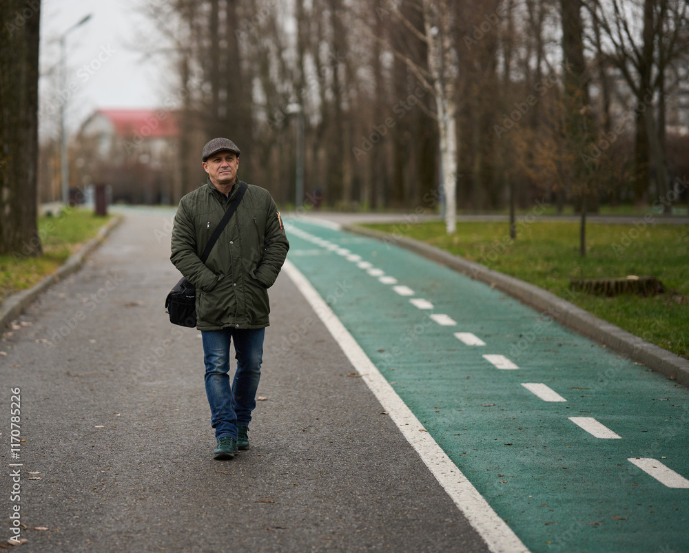 Fototapeta premium Mature man in winter coat and cap in the park