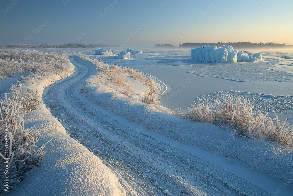 Obraz premium Snowy road by frozen river with ice formations at sunrise.
