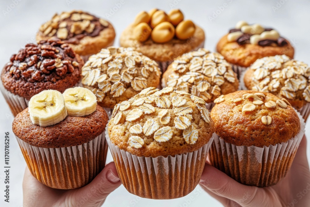 A variety of delicious muffins held in two hands, showcasing their unique toppings and textures.