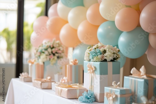 A birthday celebration banner adorned with pastel balloons and elegantly wrapped gift packages.