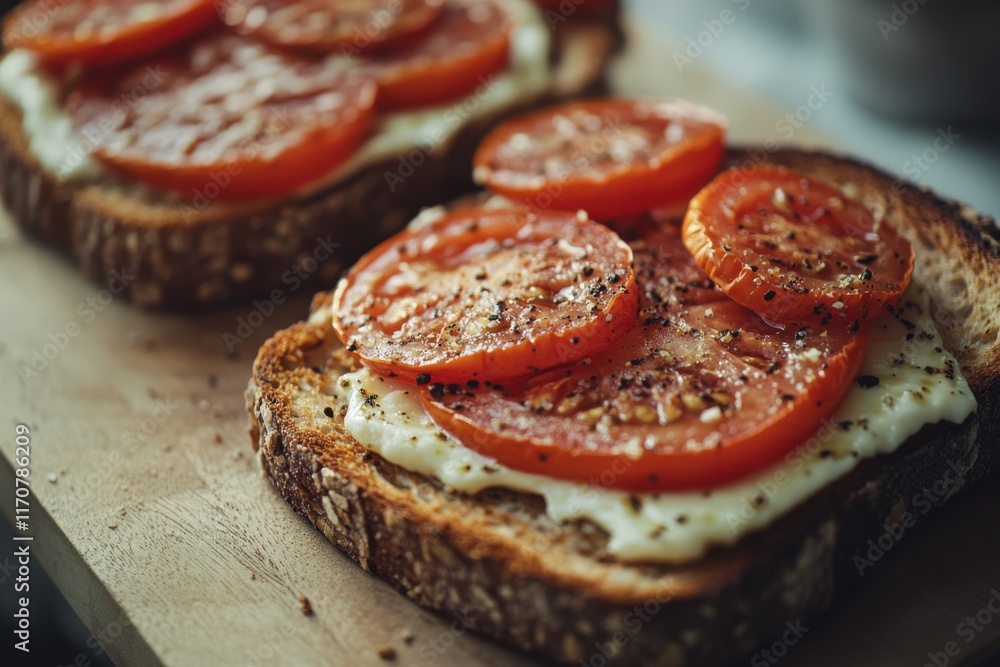 Close-up of toasted bread topped with fresh tomato slices and spices, creating a vibrant, appetizing dish. Close-up of toasted bread topped with fresh tomato slices and spices, creating a vibrant, appetizing dish.