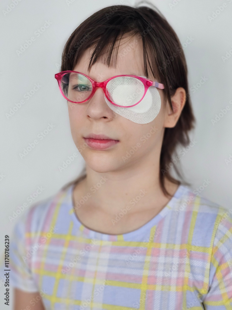 Fototapeta premium Girl wearing pink glasses with an eye patch, highlighting her focused expression at home concept