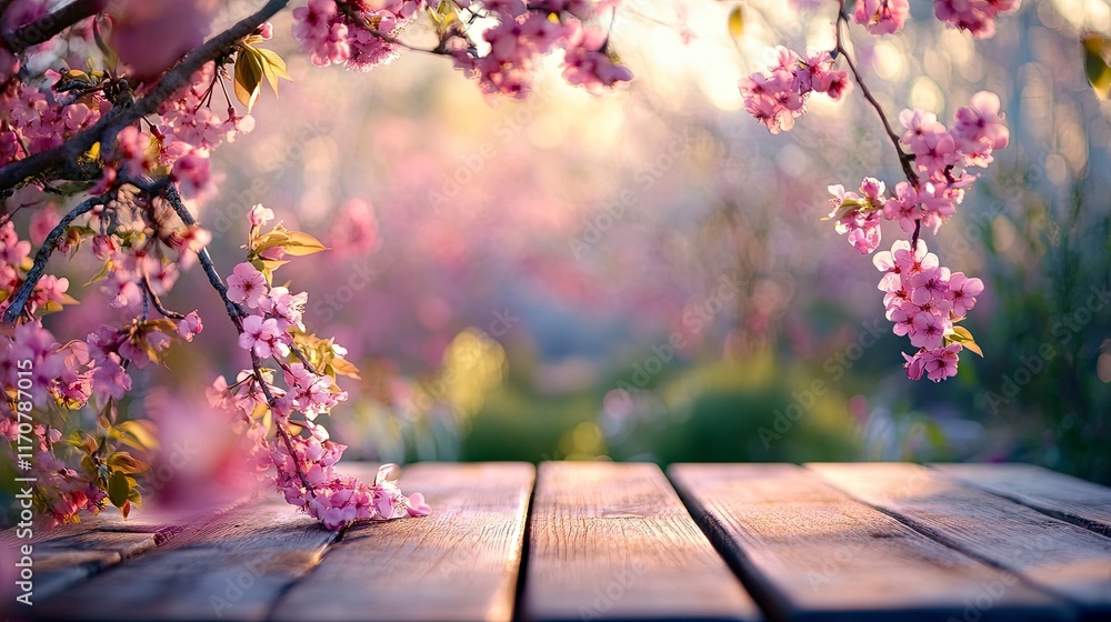 Empty wooden table in spring garden blurred background Empty wooden table in spring garden blurred background