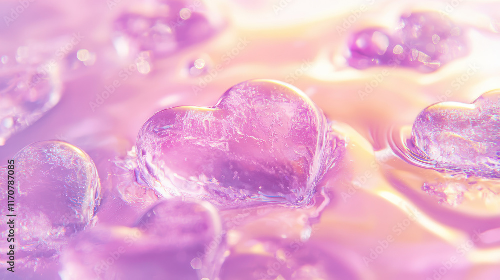 Colorful heart-shaped gel elements floating in soft water. Colorful heart-shaped gel elements floating in soft water.