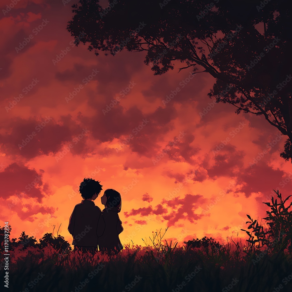 Fototapeta premium anime love couple sharing moment in front of sunset