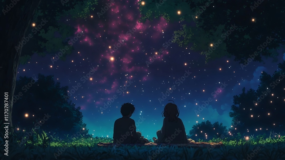 anime couple sitting on blanket enjoying peaceful evening under stars anime couple sitting on blanket enjoying peaceful evening under stars