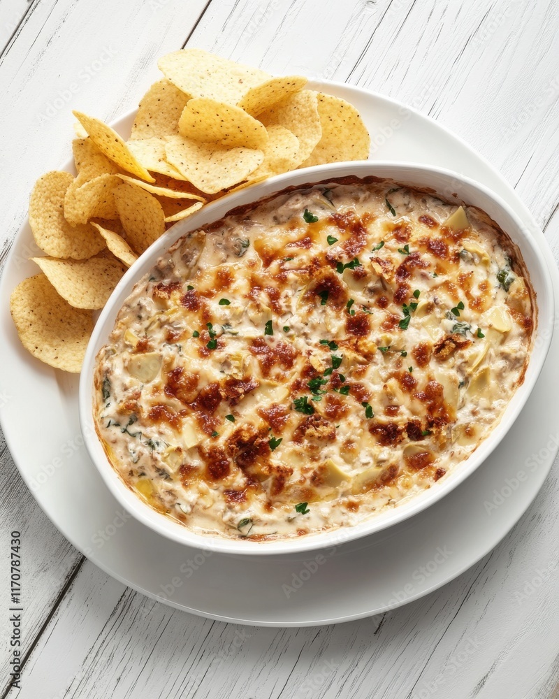 Delicious baked dip served with crispy chips, perfect for gatherings and parties. Delicious baked dip served with crispy chips, perfect for gatherings and parties.