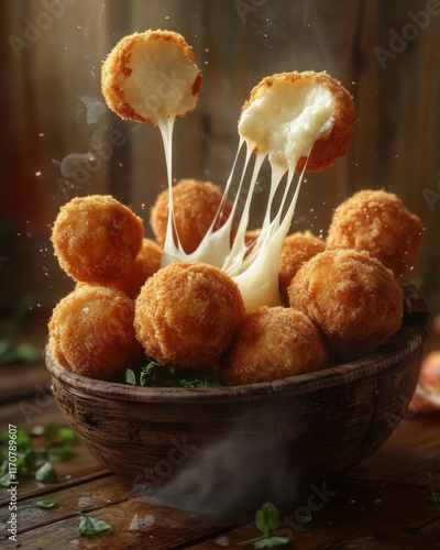 Delicious golden cheese balls served in a rustic wooden bowl, showcasing stretchy melted cheese.