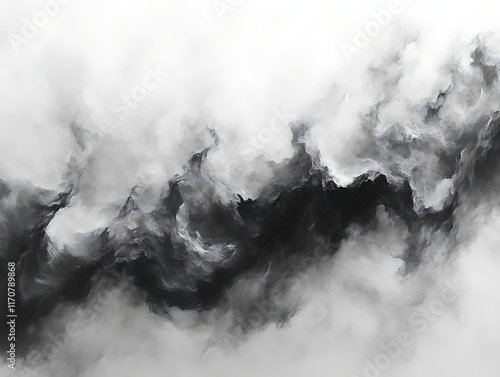 Abstract grayscale landscape of swirling clouds and smoke.