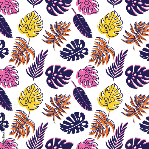 A repeating pattern of various tropical leaves.  Brightly colored, stylized leaves in shades of yellow, orange, pink, and dark purple navy blue are arranged on a white background.  