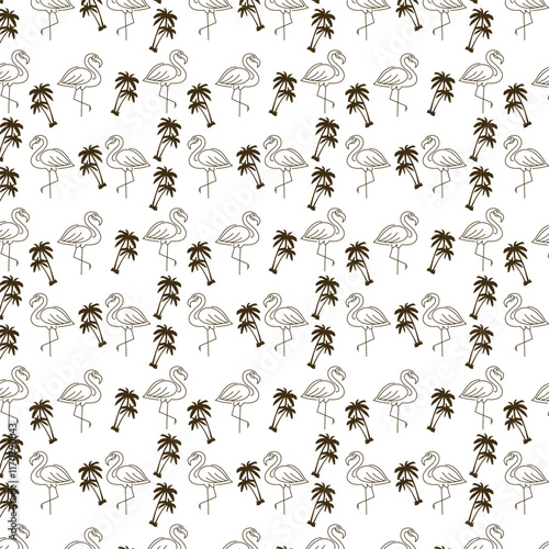 A repeating pattern of stylized flamingos and palm trees.