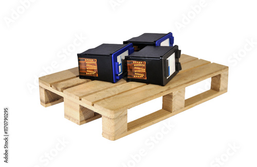 Pallet with ink cartridges for inkjet printers, computer consumables, technology, purchase, sale, business and shipping photo