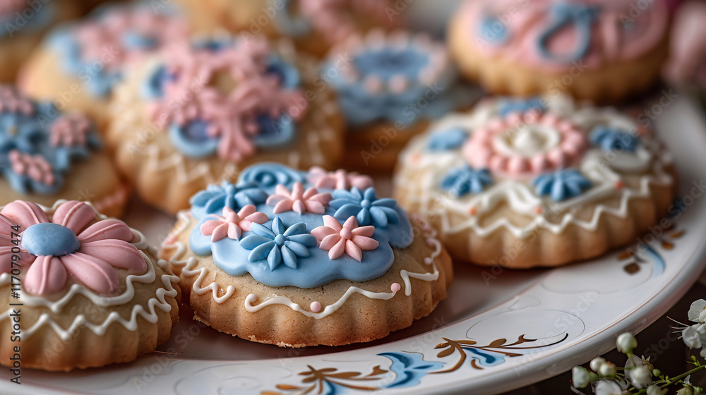 Decorated cookies with royal icing. Baking and confectionery concept. Design for bakery brochure Decorated cookies with royal icing. Baking and confectionery concept. Design for bakery brochure