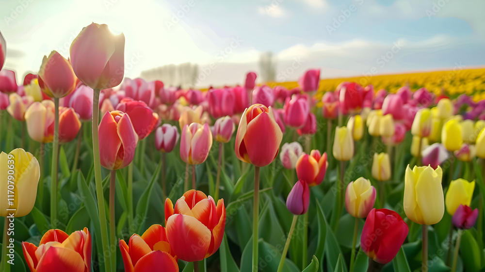 Vibrant tulip field in full bloom under sunny sky
Vibrant tulip field in full bloom under sunny sky