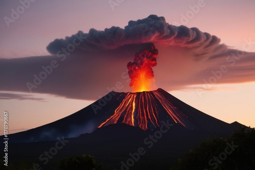 Fiery Dusk - The Power of Eruption Against a Golden Sky. photo