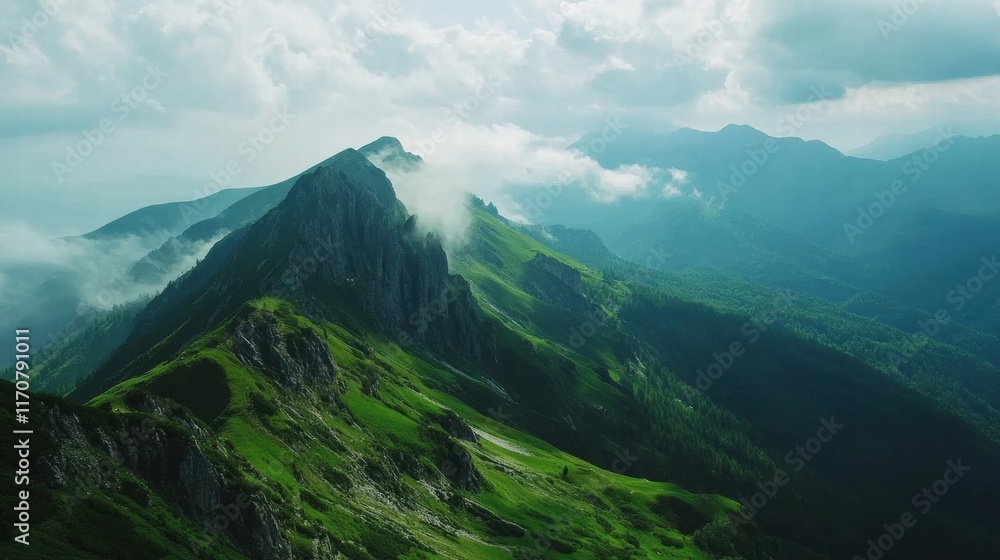 Fototapeta premium Majestic Mountain Range with Clouds and Lush Green Slopes Panoramic Landscape Photography