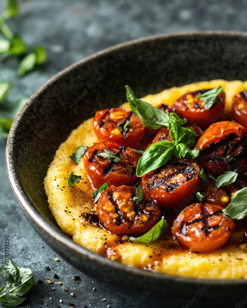 Grilled cherry tomatoes on creamy polenta garnished with fresh basil, showcasing vibrant colors and textures. Grilled cherry tomatoes on creamy polenta garnished with fresh basil, showcasing vibrant colors and textures.