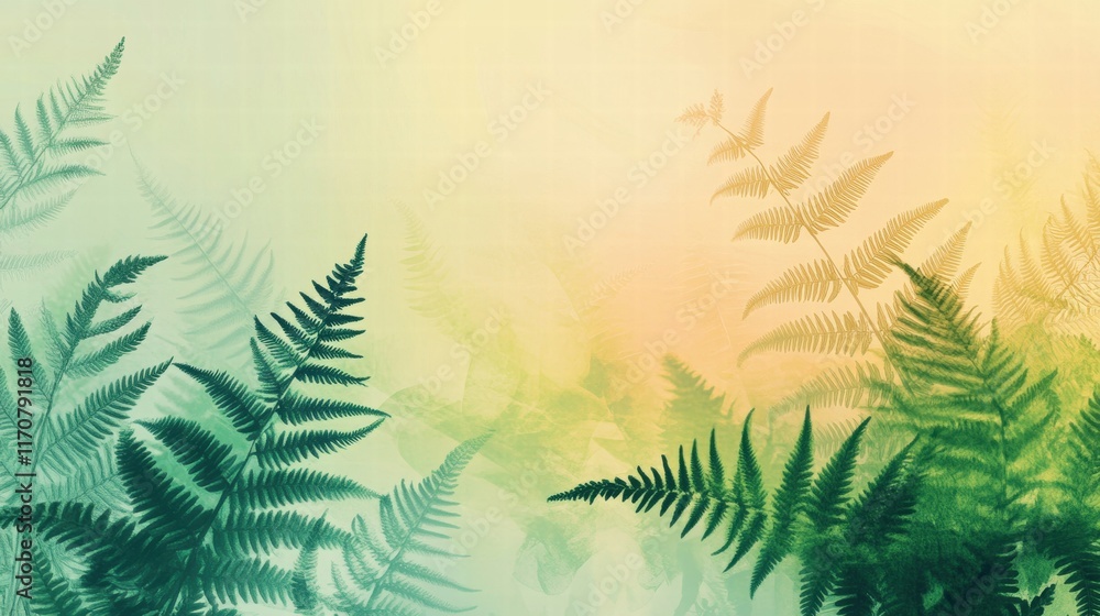 Naklejka premium Serene Fern Silhouette on Pastel Background Botanical Art Print, Watercolor Texture, Green and Gold Tones, Nature Wallpaper