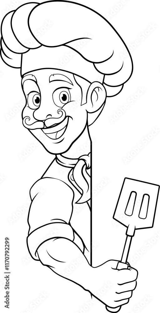 A chef, barbecue cook or baker cartoon food man mascot character holding a spatula and peeking around a sign or menu board with copy space illustration A chef, barbecue cook or baker cartoon food man mascot character holding a spatula and peeking around a sign or menu board with copy space illustration
