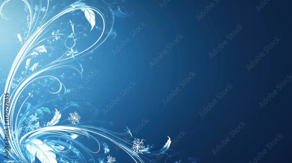 Stunning Blue Abstract Background with Swirling Floral Design and Snowflake Elements - Perfect for Winter Themes, Invitations, and Festive Designs. Stunning Blue Abstract Background with Swirling Floral Design and Snowflake Elements - Perfect for Winter Themes, Invitations, and Festive Designs.