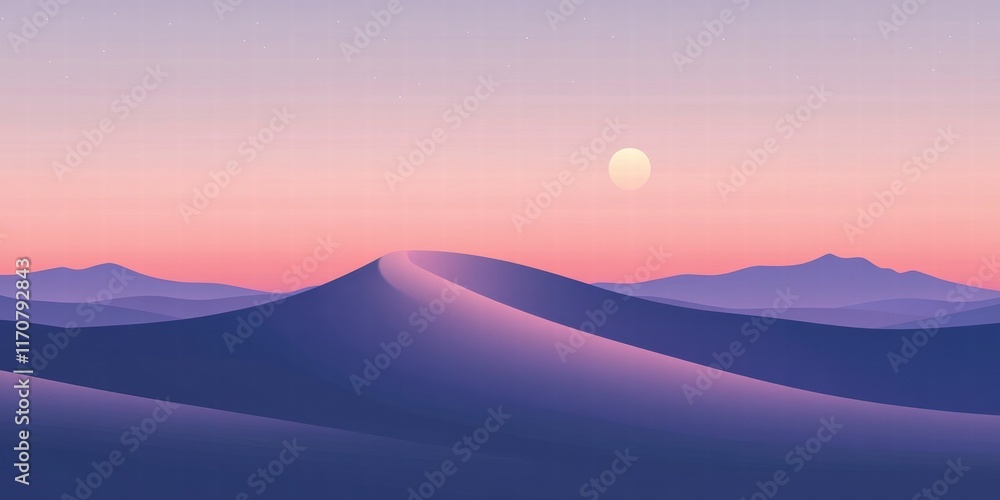 Fototapeta premium Serene Desert Sunset Minimalist Landscape with Purple Hues and Moonlit Sky - Digital Art