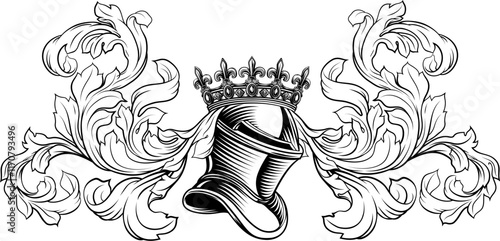 Coat of arms crest knight family medieval shield heraldry heraldic armorial motif. Featuring a knights helm helmet in a vintage etching engraving woodcut style