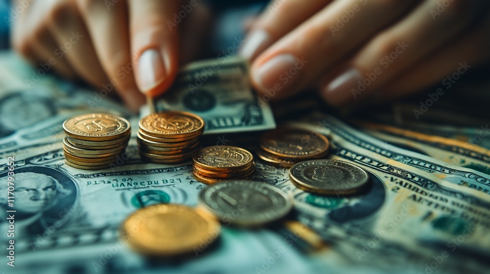 Hands Sorting Stacks Of Coins And Dollar Bills Hands Sorting Stacks Of Coins And Dollar Bills