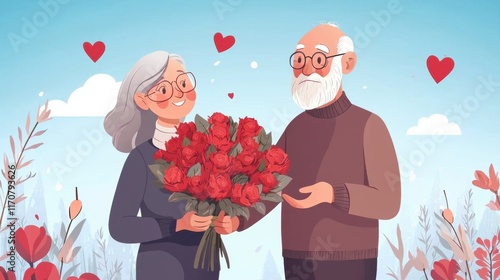 Elderly couple, handsome old man gives a huge bouquet of red flowers to his lady on a valentines day