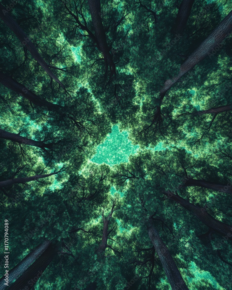 Enchanting Forest Canopy Lush Green Trees Overhead, Low Angle View, Nature Photography