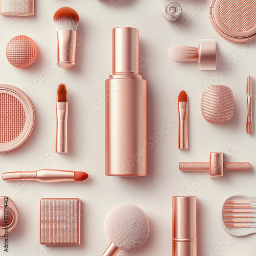 monochrome model objects like lipsticks, compact, makeup brushes, eye shadow palette, perfume, nail polish, floating photo