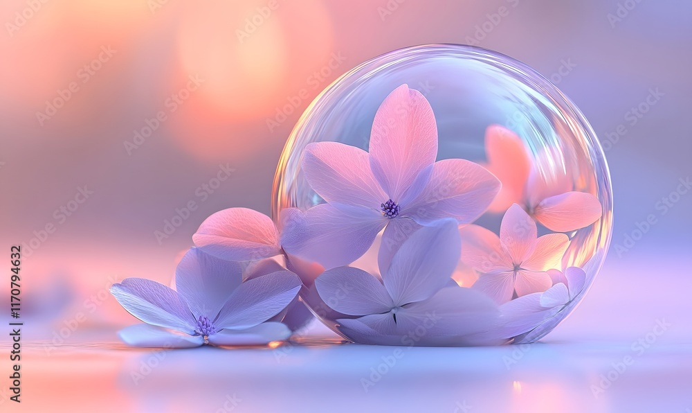 Delicate pink flowers inside a glass sphere. Delicate pink flowers inside a glass sphere.