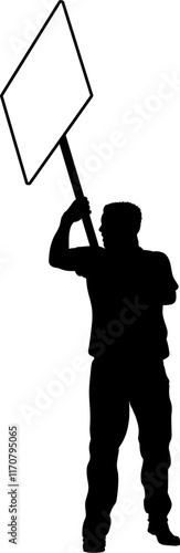 Protestor or demonstrator at a demonstration march, picket line or strike protest rally in silhouette. Holding up a banner or picket sign board placard.