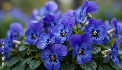 Three-color violet flowers in full bloom against a blurred green background