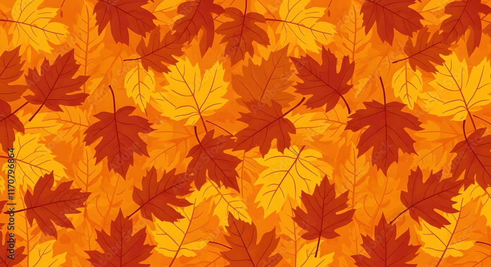 A repeating design of autumn leaves in shades of orange, yellow, and red A repeating design of autumn leaves in shades of orange, yellow, and red