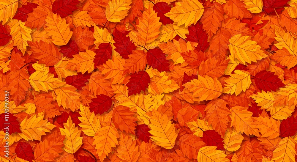 A repeating design of autumn leaves in shades of orange, yellow, and red A repeating design of autumn leaves in shades of orange, yellow, and red