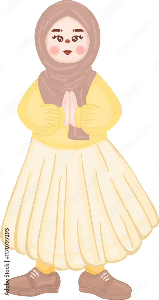 Fototapeta premium muslim girl greeting and celebrating eid mubarak vector illustration