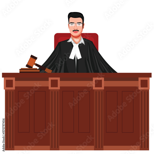 Indian Judge Sitting On A Chair In Front Of A Table Vector Illustration