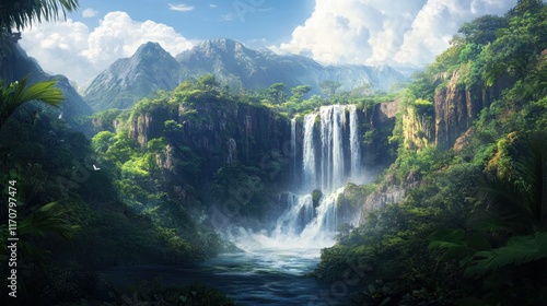 Majestic Waterfall in Lush Tropical Jungle Paradise Breathtaking Scenic Landscape with Dramatic Mountains and Vibrant Greenery