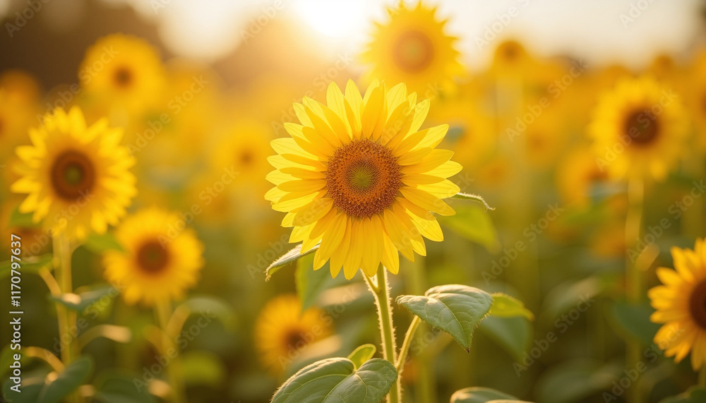 Fototapeta premium Sunflower blooming in golden field at sunset