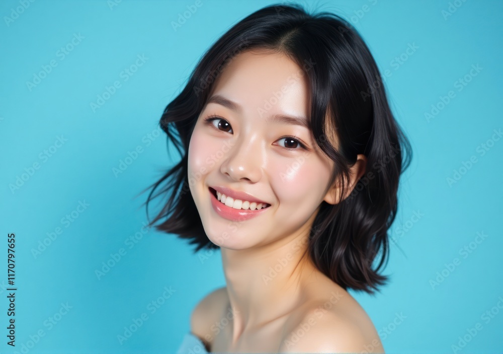 Confident beauty shot of an Asian woman with detailed skin texture from her skincare routine, dark wavy bob hairstyle, natural makeup, captured against a soft blue backdrop Confident beauty shot of an Asian woman with detailed skin texture from her skincare routine, dark wavy bob hairstyle, natural makeup, captured against a soft blue backdrop