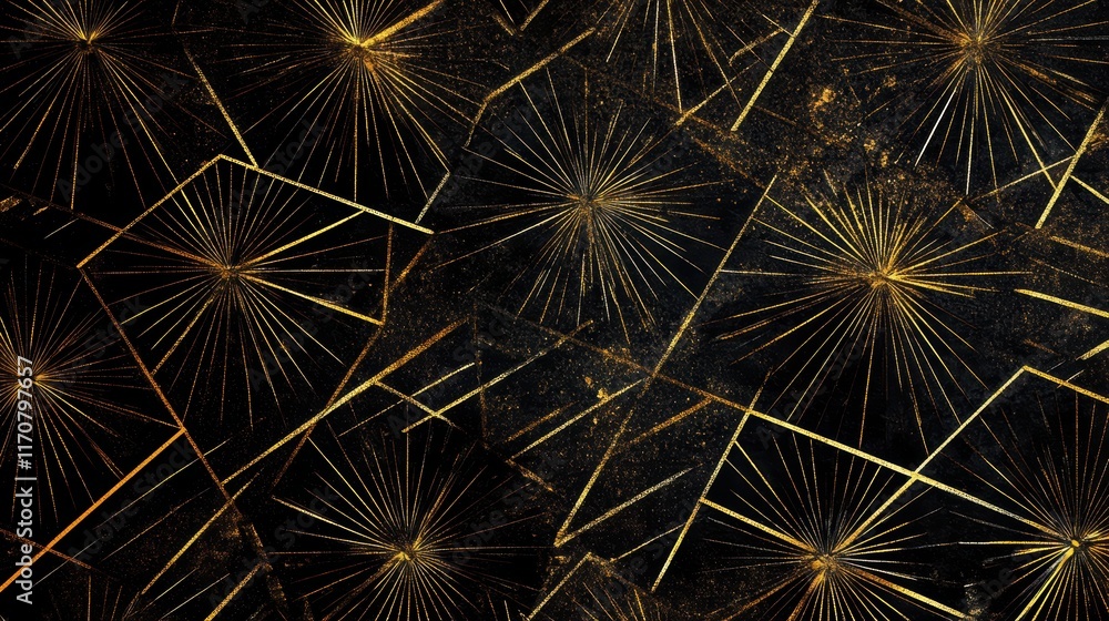 Fototapeta premium Abstract Gold and Black Geometric Pattern Luxurious Glittering Background Texture with Starburst Design for Elegant Designs