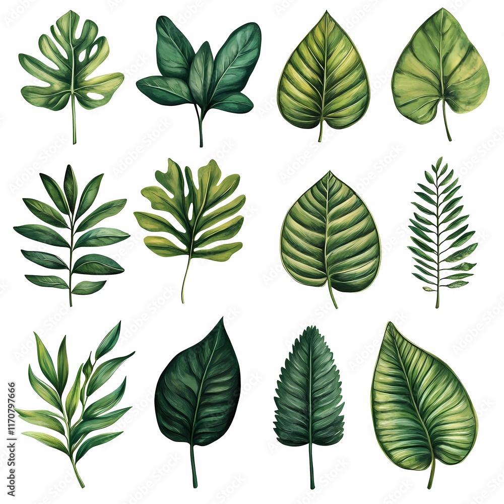 Obraz premium Collection of various green leaves arranged artistically on a white background showcasing natural patterns and textures. Generative AI