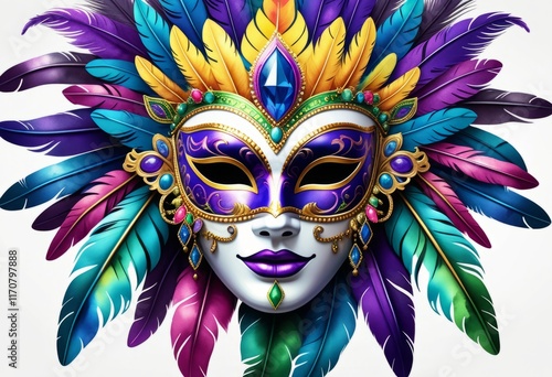 Vibrant mask adorned with colorful feathers and jewels, celebrating a festive occasion in a lively cultural setting photo