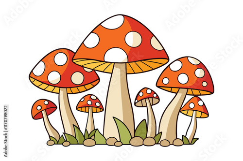 A vibrant illustration of fly mushrooms growing in the grass, surrounded by autumn leaves and colorful plants, showcasing red toadstools and green fungi in a natural forest setting