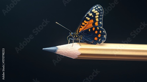 Butterfly perched on a pencil tip against a dark background. photo