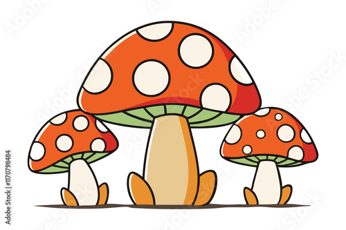 Cartoon illustration of red mushrooms in the forest and grass, featuring a cute toadstool with white spots, surrounded by autumn leaves and green plants, isolated in nature