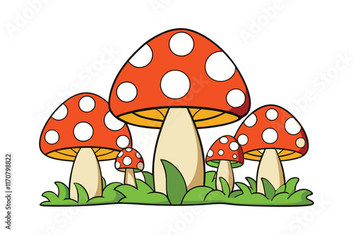Cartoon illustration of fly mushrooms in grass with autumn leaves and a red poisonous amanita toadstool in a forest setting