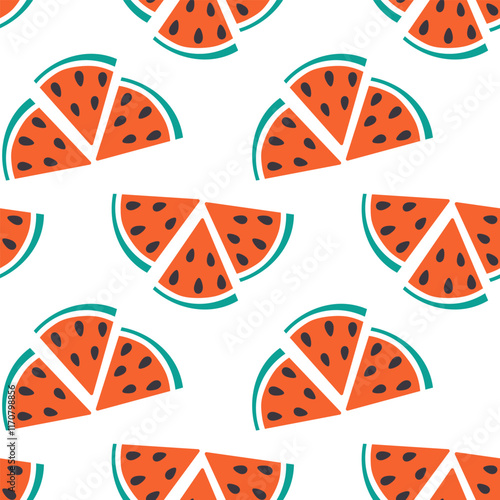 Triangular Watermelon slices with seed Seamless Pattern in trendy doodle. Juicy Summer background