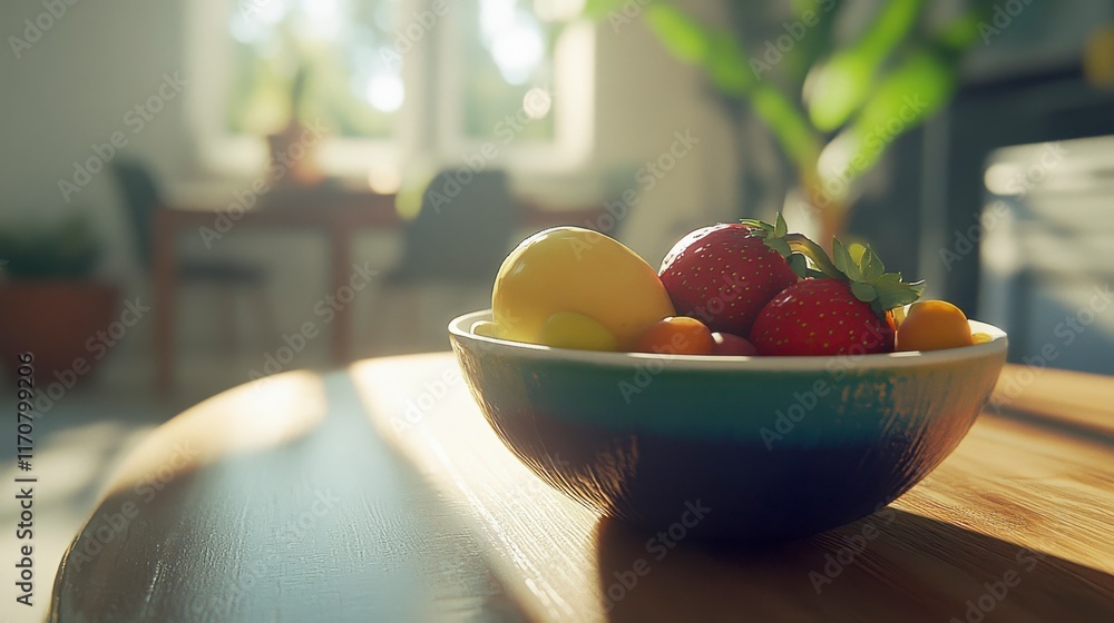 Fresh and Colorful Fruit Bowl on Table with Natural Light Streaming through Windows Creating a Warm and Inviting Atmosphere in a Cozy Kitchen Space Fresh and Colorful Fruit Bowl on Table with Natural Light Streaming through Windows Creating a Warm and Inviting Atmosphere in a Cozy Kitchen Space